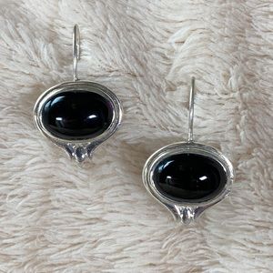Vintage 925 Silver Onyx Dangle Pierced Earrings